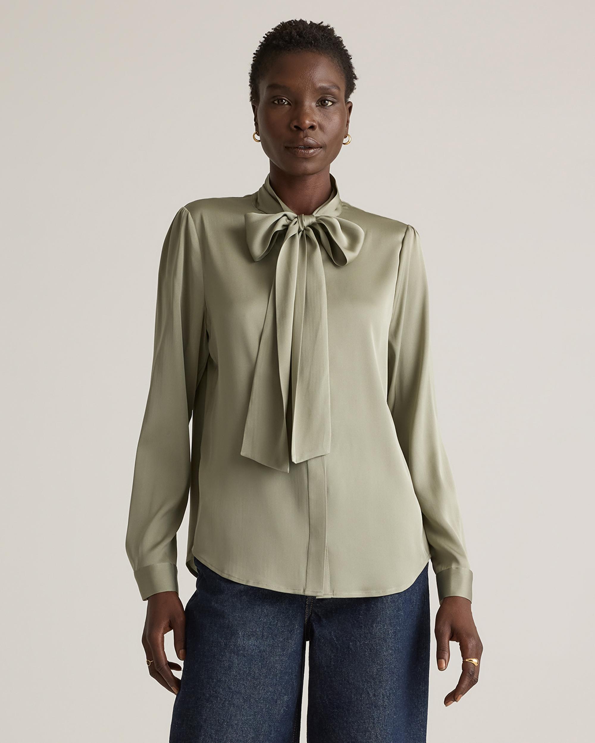 Quince | Women's Washable Stretch Silk Tie Neck Blouse Product Image