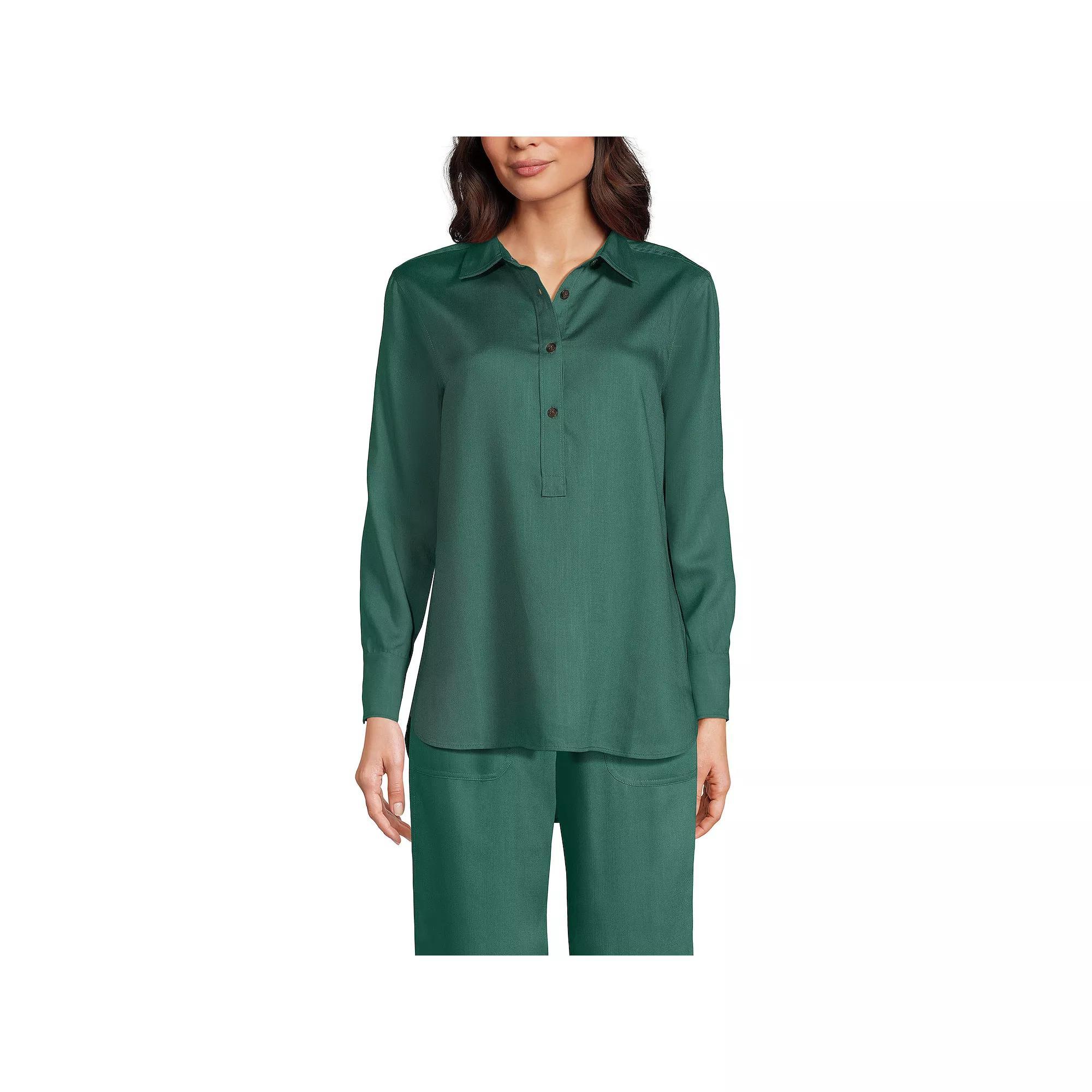 Women's Lands' End Button Front Popover Shirt, Size: Medium, Washed Green Product Image