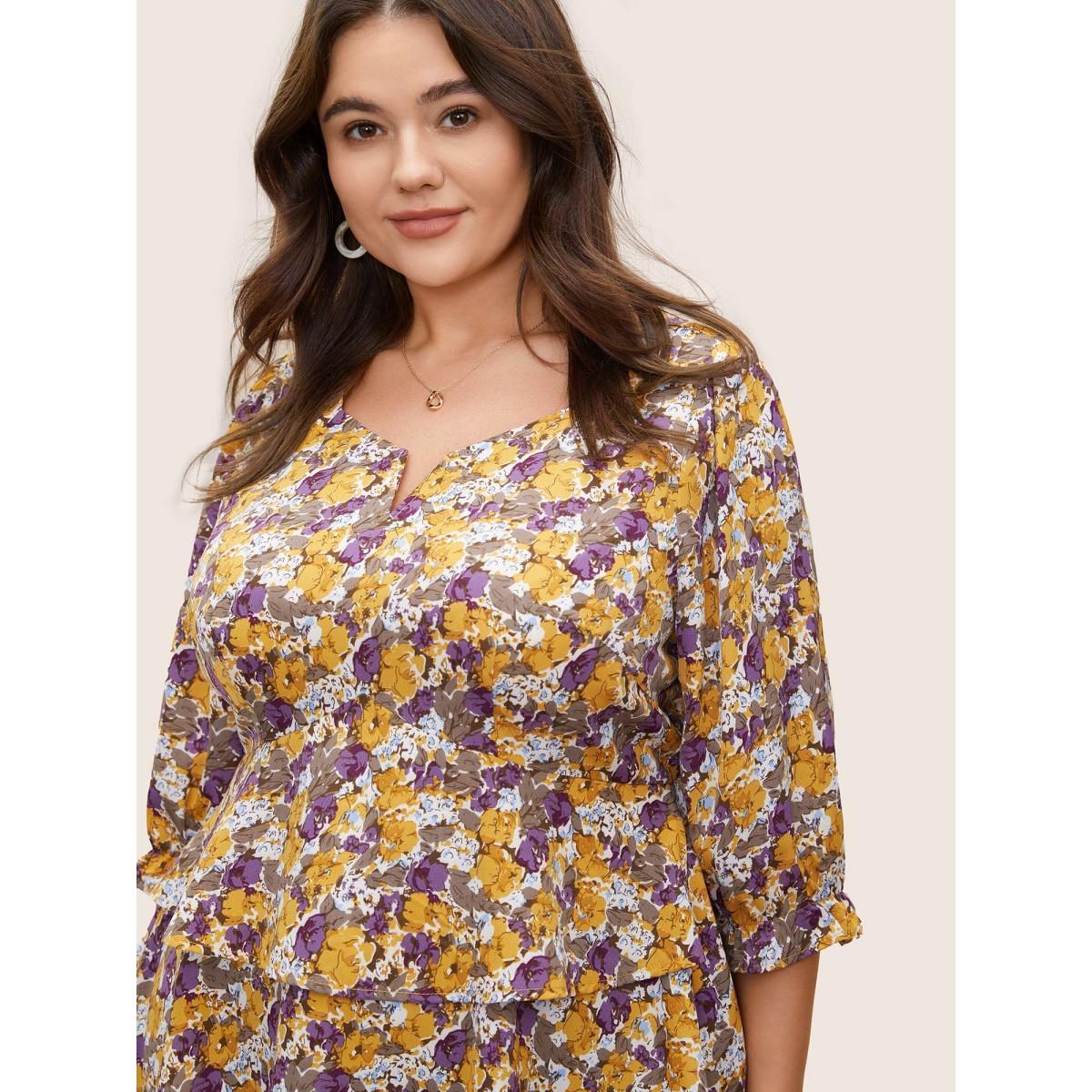 Plus Size Apricot Floral Allover Print Ruffles Tiered Hem Blouse Women Elegant Elbow-length sleeve Notched collar Everyday Blouses BloomChic 10/M Product Image