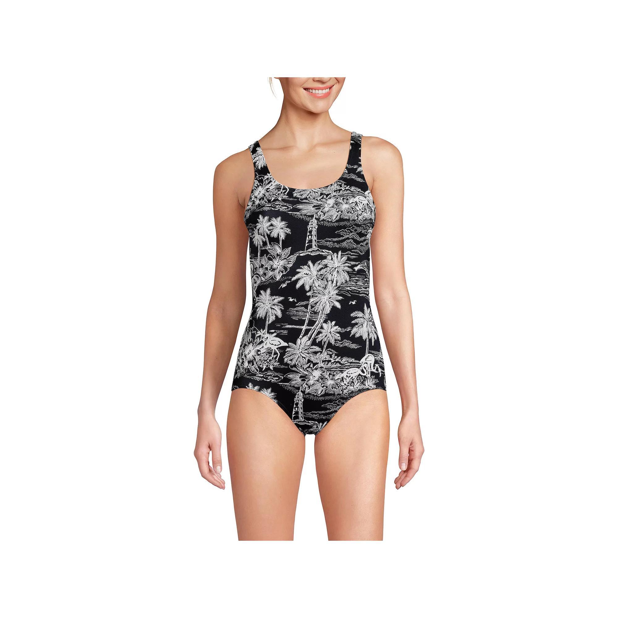 Women's Lands' End D-Cup Chlorine-Resistant Tugless Sporty One-Piece Swimsuit, Size: 12D, Black Tropical Scene Product Image