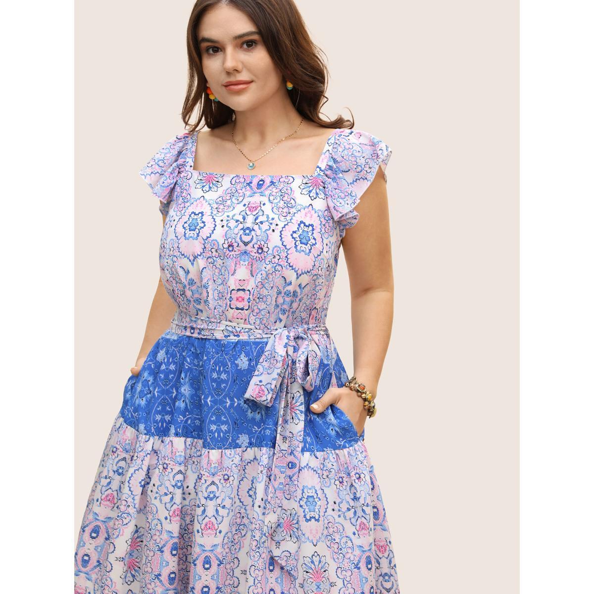 Plus Size Boho Print Ruffle Sleeve Belted Midi Dress Bluepurple Women Resort Belted Non Short sleeve Curvy BloomChic 22-24/3X Product Image