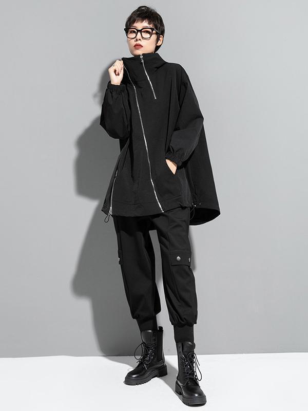 Fashion Irregularity Loose Solid Color Zipper Hooded Outerwear Product Image