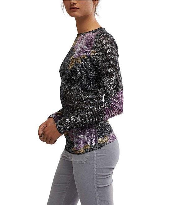 Free People Gold Rush Floral Print Sequin Crew Neck Long Sleeve Top Product Image