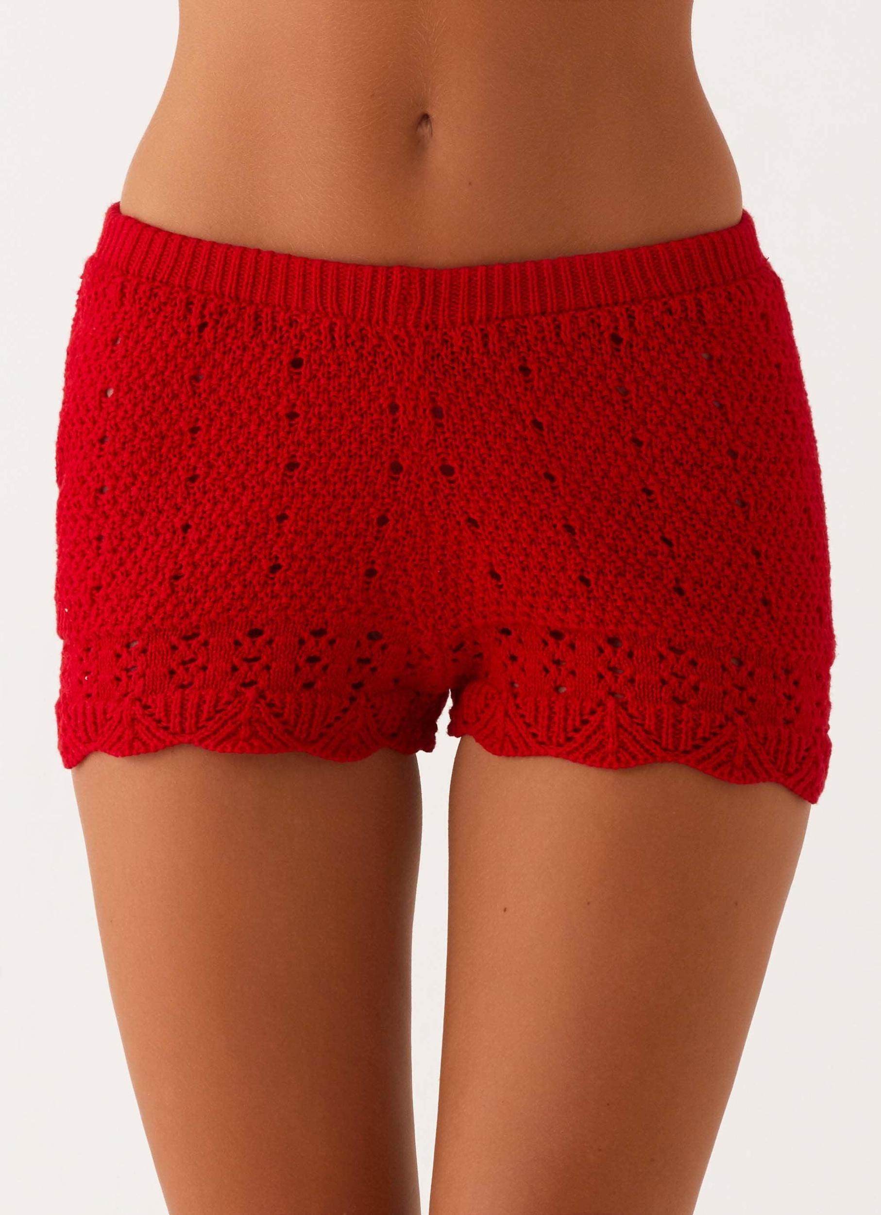 Oakley Low Rise Crochet Mini Shorts - Red Product Image