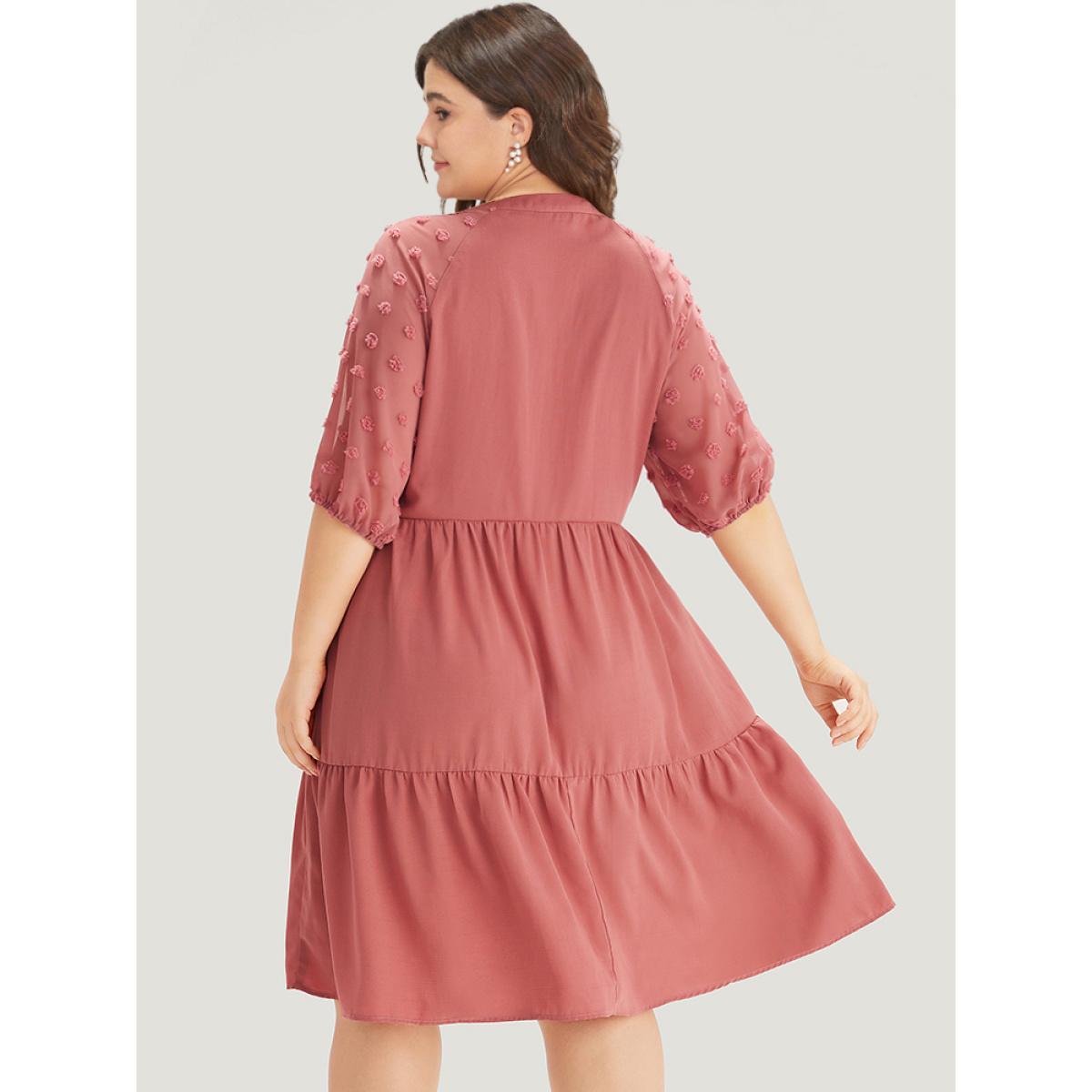 Plus Size Solid Notched Lantern Sleeve Ruffle Layered Hem Dress Watermelon Women Elegant Plain Notched collar Half Sleeve Curvy Knee Dress BloomChic 12/L Product Image