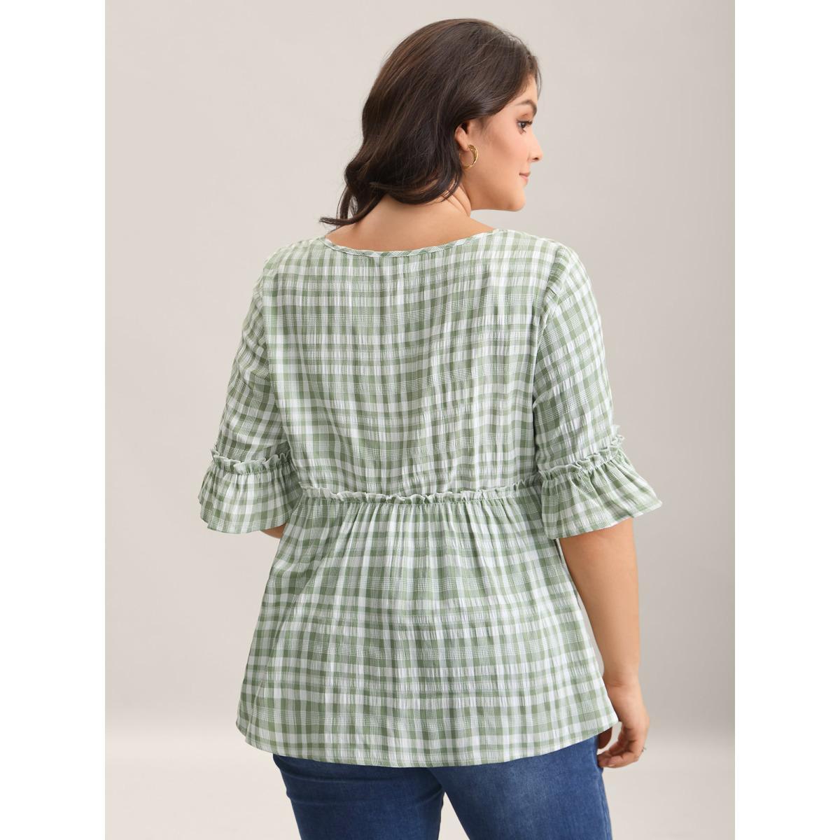 Plus Size Greenbean Plaid Pattern Ruffled Sleeve Babydoll Top Women Half Sleeve Square Neck Everyday-Elegant Blouses BloomChic 26/4X Product Image