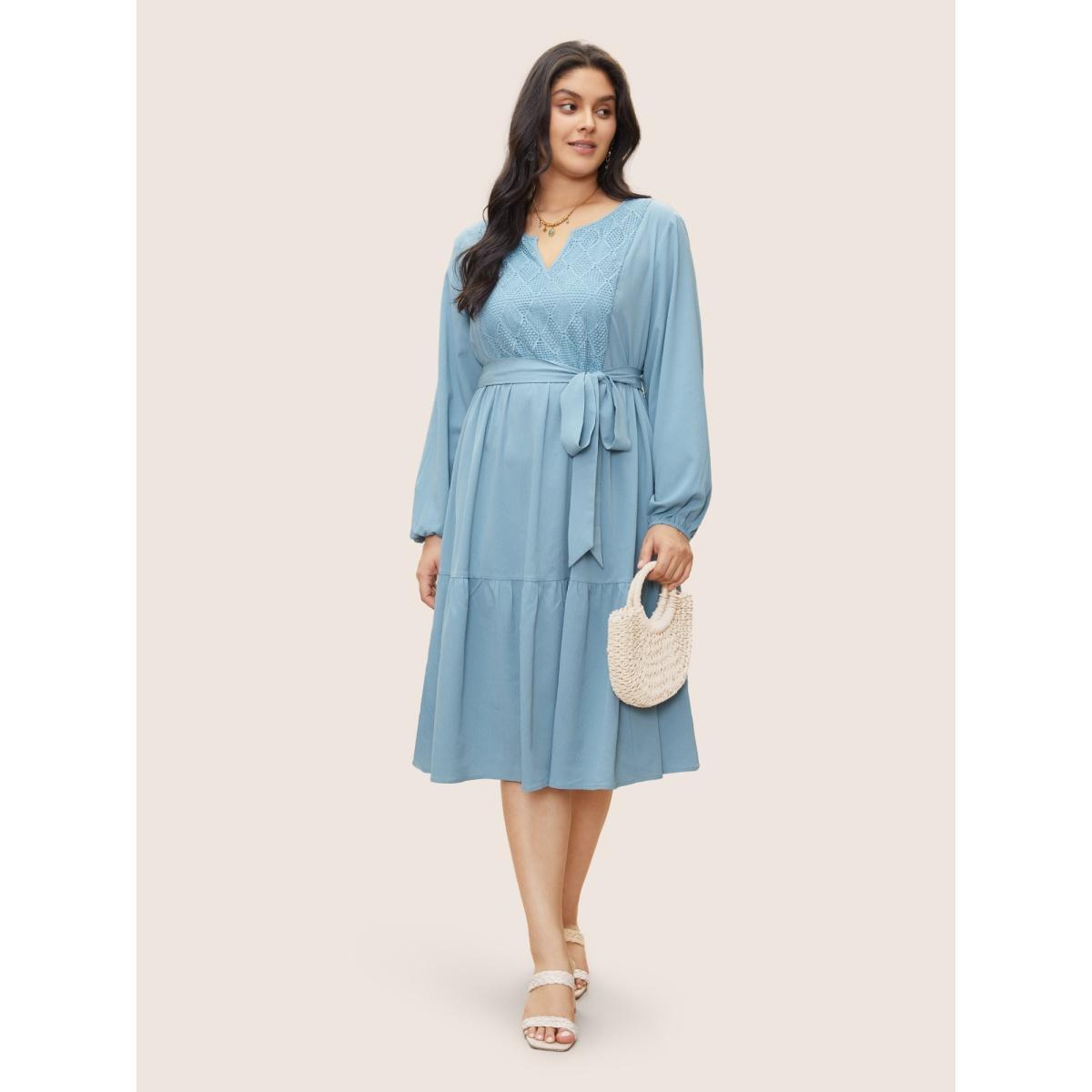 Plus Size Geometric Hollow Out Notched Ruffle Layered Hem Dress LightBlue Women Elegant Broderie anglaise Round Neck Long Sleeve Curvy Midi Dress BloomChic 14-16/1X Product Image