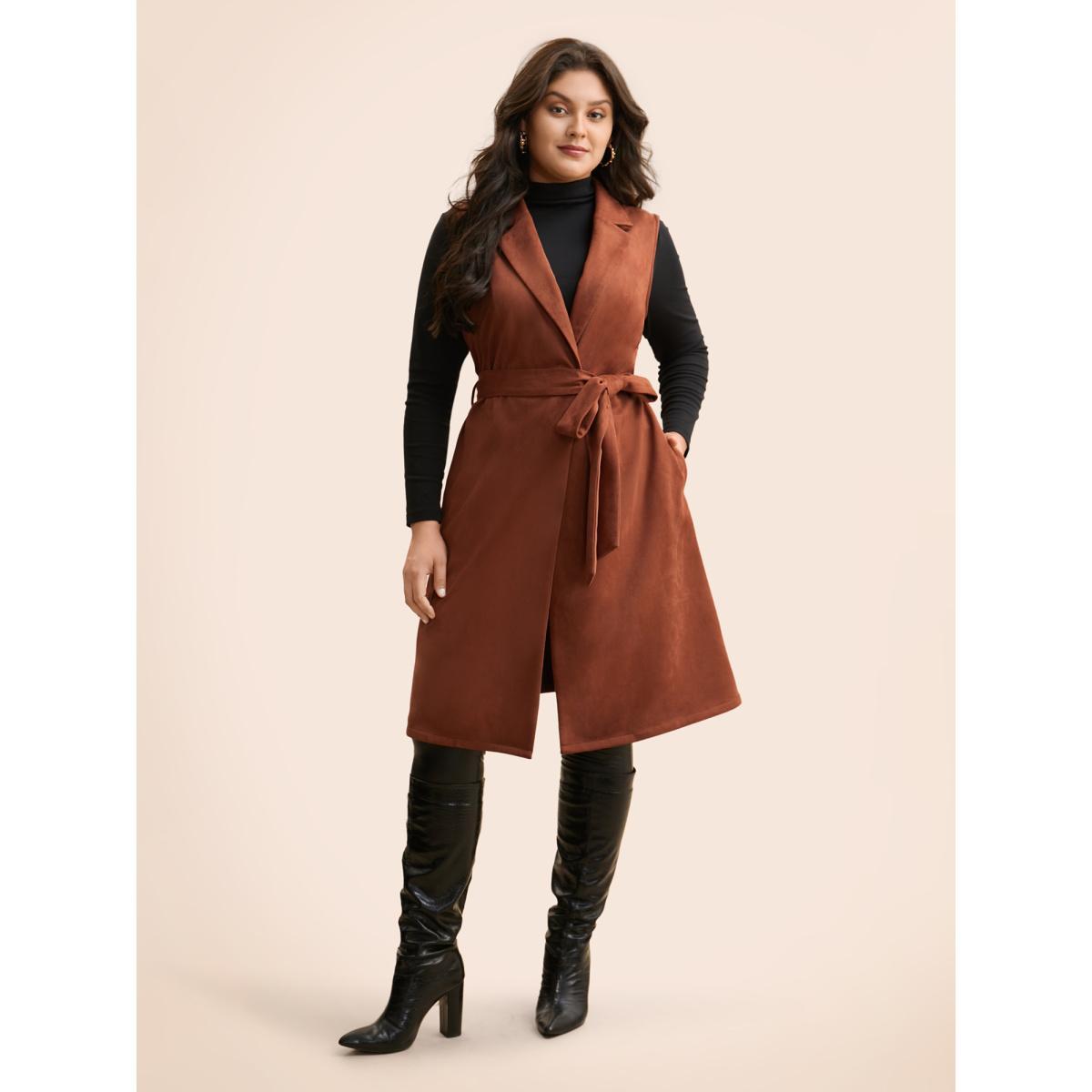 Plus Size Suit Collar Faux Suede Belted Jacket Women Rust Belted Side seam pocket Belt Everyday Jackets BloomChic 14-16/1X Product Image