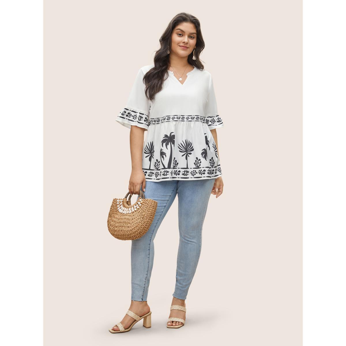 Plus Size White Silhouette Floral Print Frill Trim Gathered Blouse Women Resort Half Sleeve V-neck Vacation Blouses BloomChic 30/6X Product Image