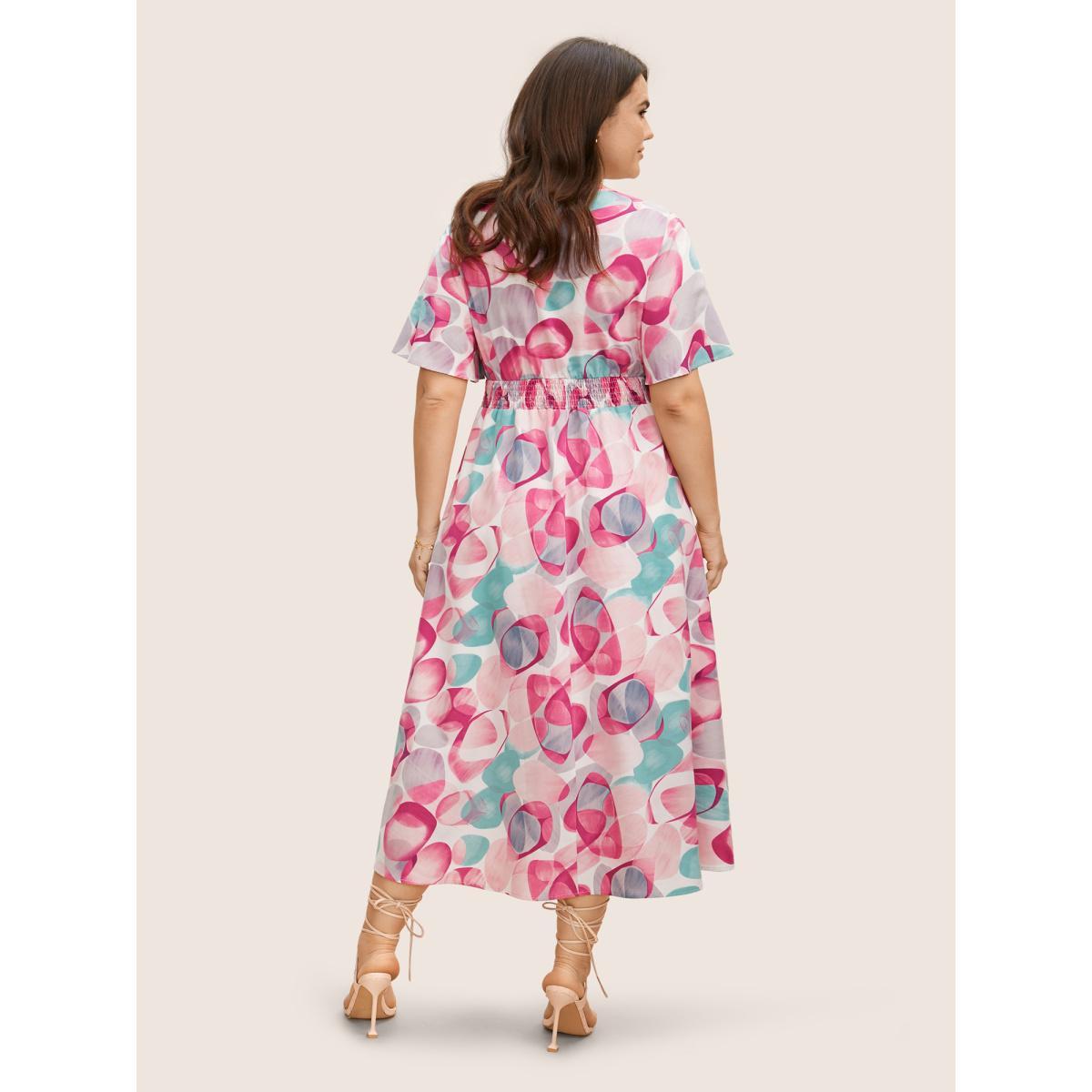 Plus Size Asymmetrical Colorblock Overlap Collar Midi Dress Multicolor Women Elegant Shirred Overlap Collar Short sleeve Curvy BloomChic 22-24/3X Product Image
