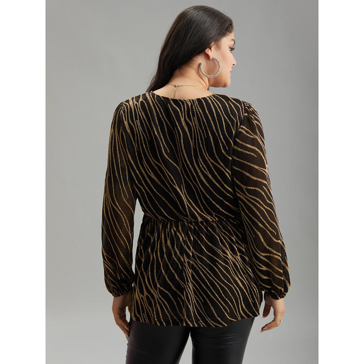 Plus Size Gold Glitter Striped Mesh Keyhole Lantern Sleeve Blouse Women Cocktail Long Sleeve Keyhole Cut-Out Party Blouses BloomChic 22-24/3X Product Image