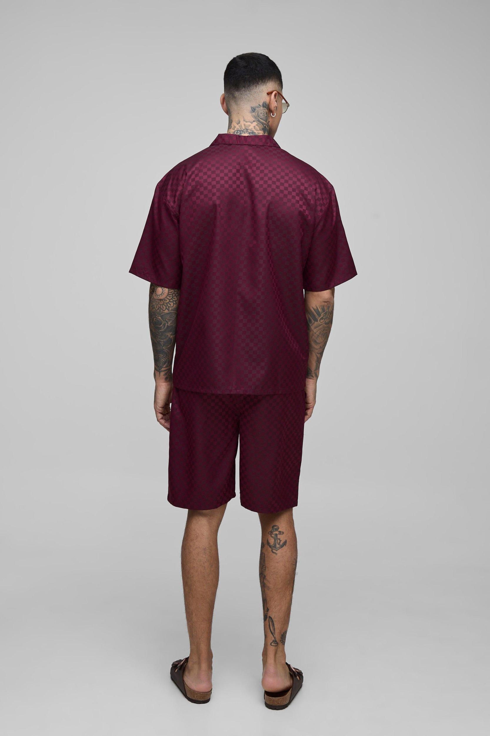 Tall Oversized Revere Satin Checkerboard Shirt & Relaxed Short Set | boohooMAN USA Product Image