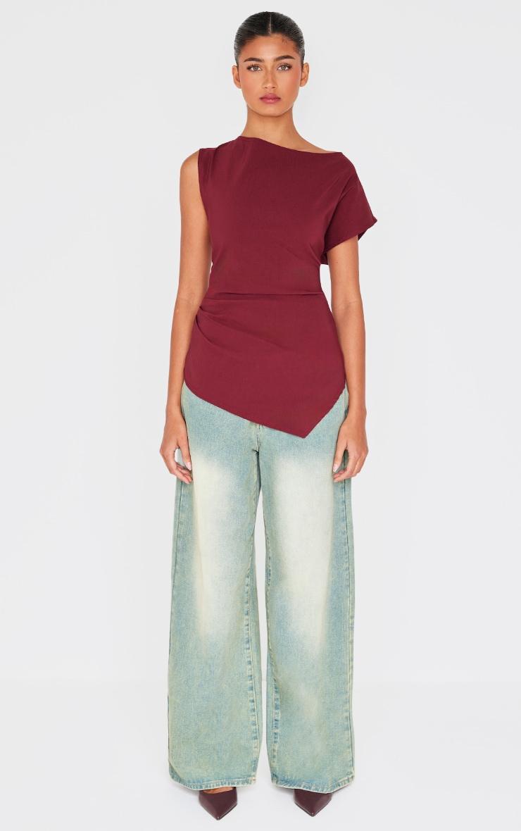 Burgundy Bengaline Slouch Asymmetric Long Top Product Image