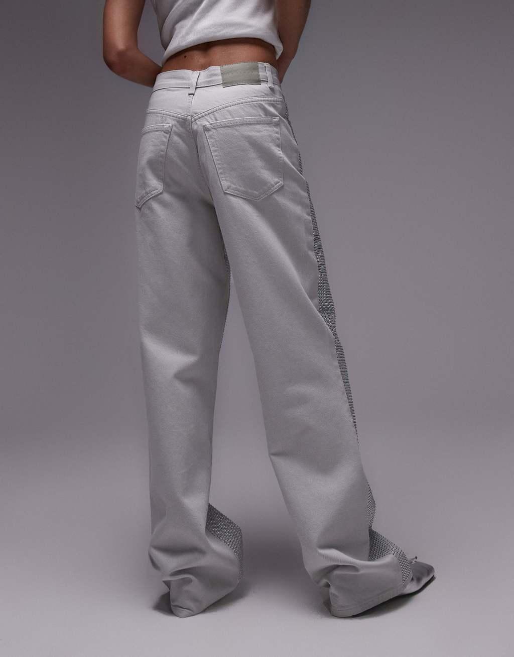 Topshop silver studded mid rise Column jeans in bone white Product Image