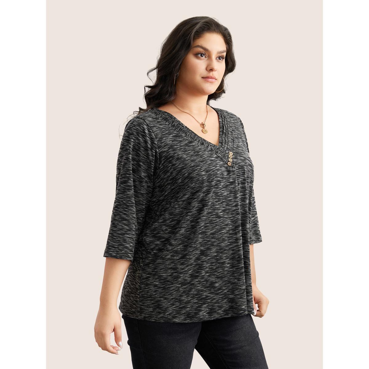 Plus Size Heather Pleated Button Detail T-shirt Black Women Casual Pleated Plain V-neck Everyday T-shirts BloomChic 30/6X Product Image
