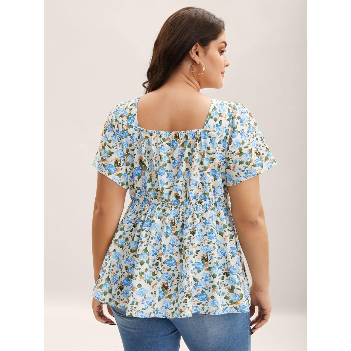 Plus Size Multicolor Floral Print Square Neck Babydoll Top Women Short sleeve Heart neckline Everyday-Elegant Blouses BloomChic 18-20/2X Product Image