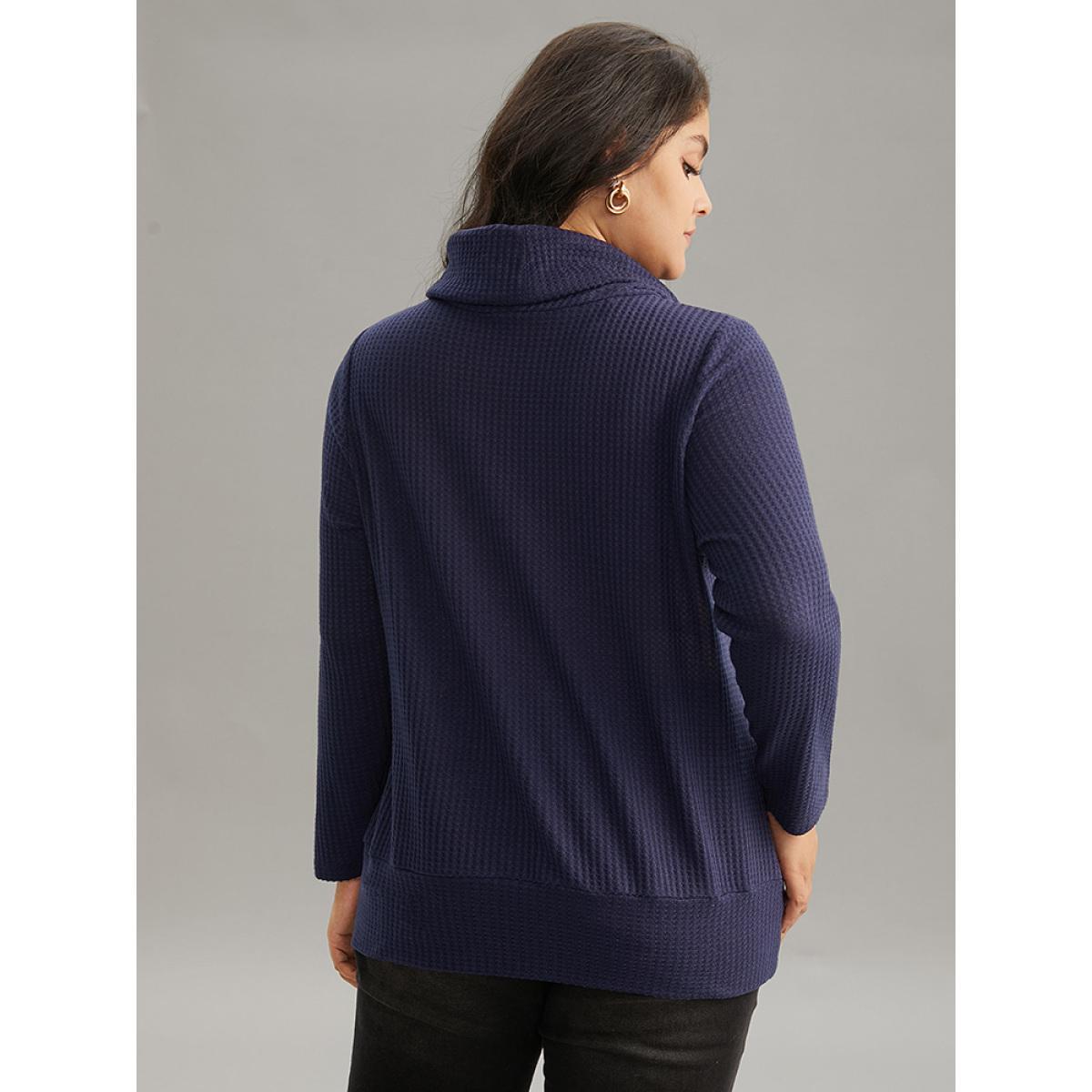 Plus Size Solid Funnel Neck Waffle Knit Drawstring T-shirt Indigo Women Elegant Waffle Knit Plain Turtleneck Dailywear T-shirts BloomChic 26/4X Product Image