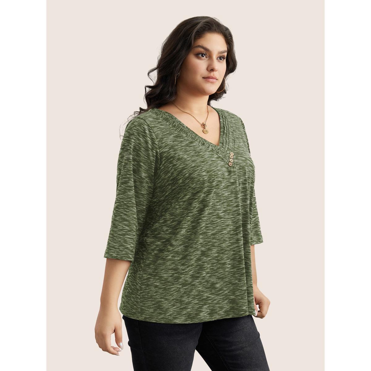 Plus Size Heather Pleated Button Detail T-shirt Green Women Casual Pleated Plain V-neck Everyday T-shirts BloomChic 26/4X Product Image