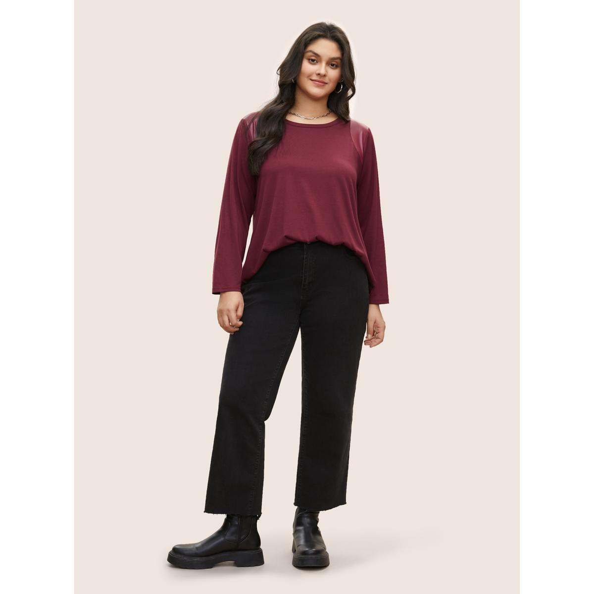 Plus Size Crew Neck Plain PU Leather T-shirt Burgundy Women Casual Patchwork Plain Round Neck Everyday T-shirts BloomChic 18-20/2X Product Image