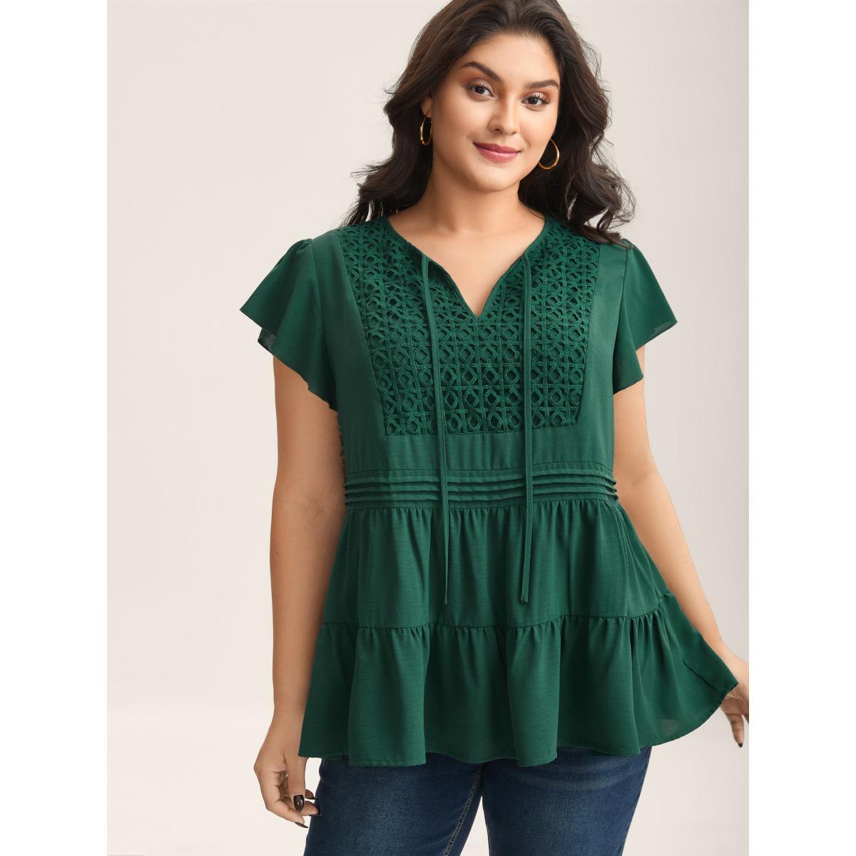 Plus Size DarkGreen Textured Lace Tiered Solid Blouse Women Cap Sleeve V-neck Everyday-Elegant Blouses BloomChic 14-16/1X Product Image