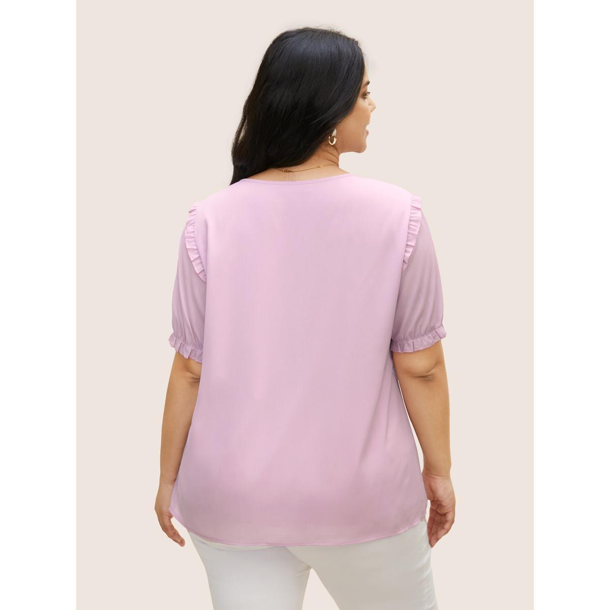 Plus Size Lavender Solid Mesh Pleated Lantern Sleeve Blouse Women Elegant Short sleeve Round Neck Everyday Blouses BloomChic 14-16/1X Product Image