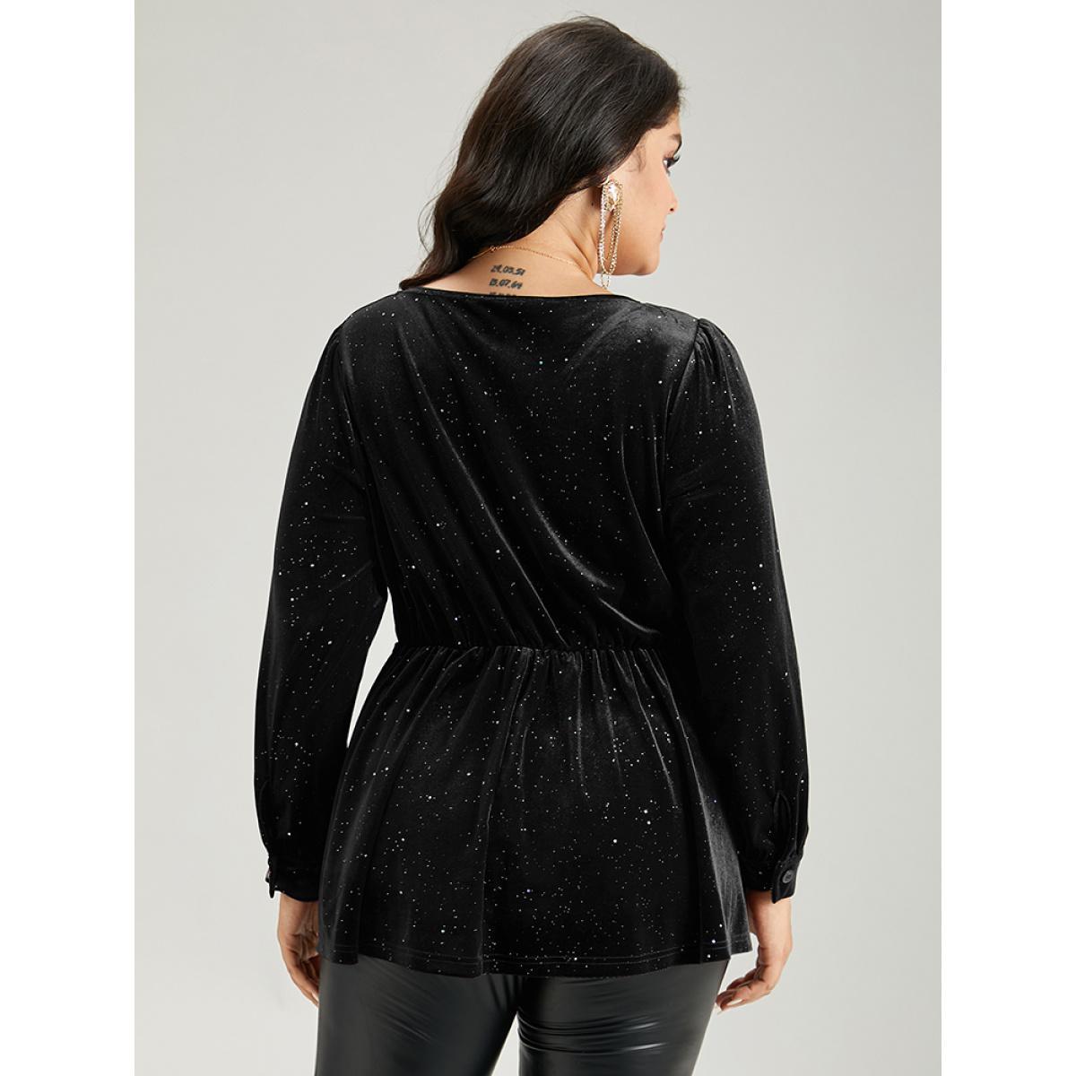 Plus Size Black Glitter Sequin Velvet Twist Front V Neck Blouse Women Cocktail Long Sleeve V-neck Party Blouses BloomChic 22-24/3X Product Image