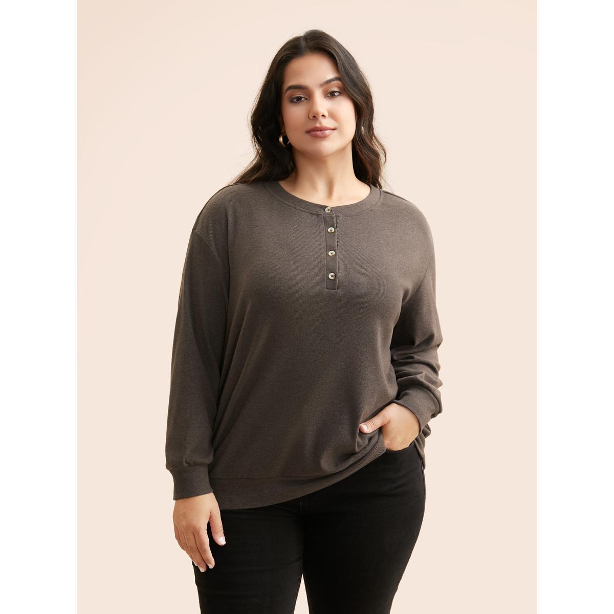 Plus Size Airy Cozy Drop Shoulder T-shirt DarkBrown Women Casual Texture Round Neck Everyday T-shirts BloomChic 26/4X Product Image