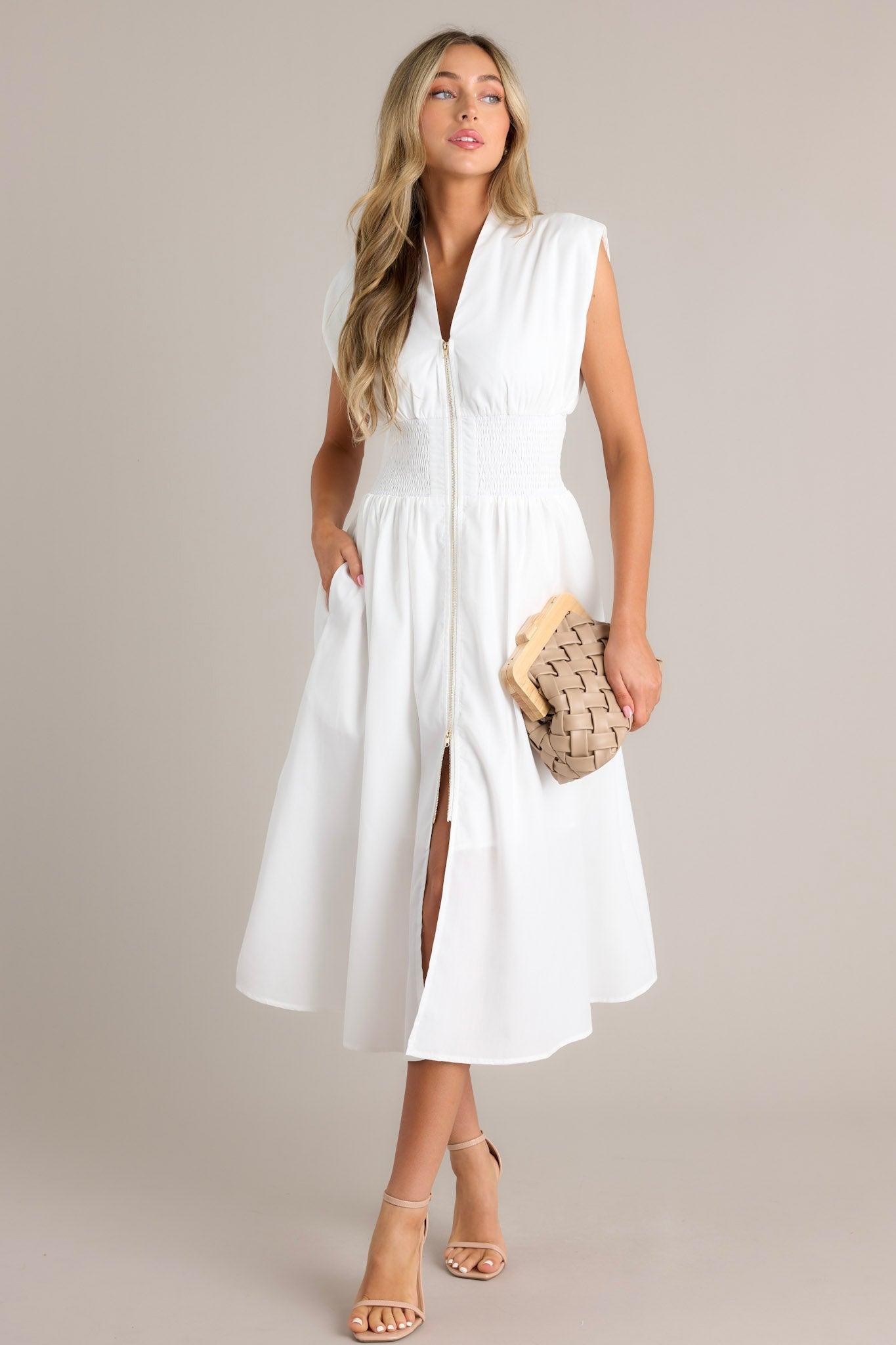 The Evette White Zip Front Midi Dress Product Image