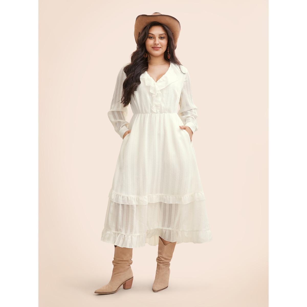 Plus Size Chiffon Lotus Leaf Collar Tiered Midi Dress Ivory Women Resort Texture V-neck Long Sleeve Curvy BloomChic 30/6X Product Image