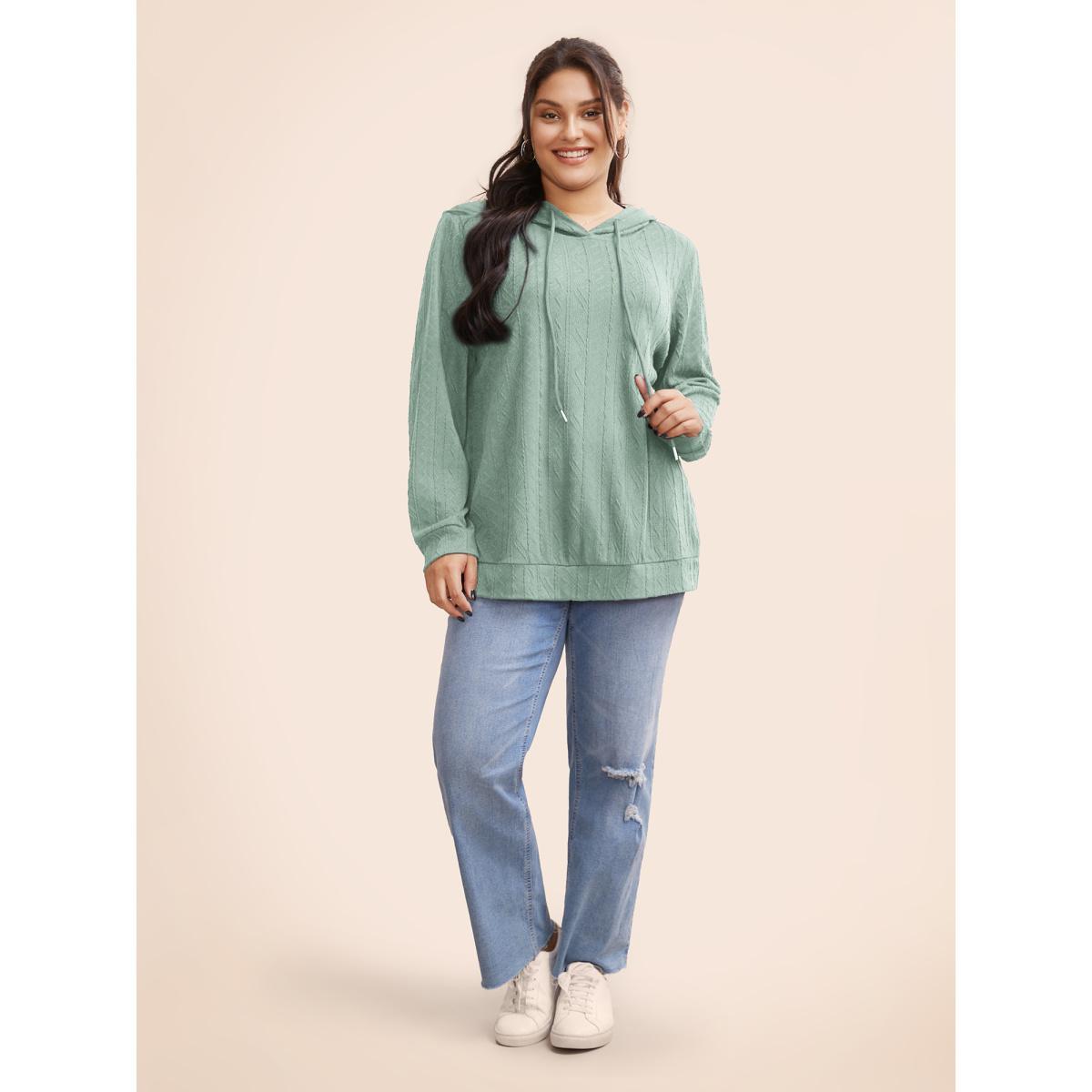 Plus Size Plain Textured Hooded Drawstring Sweatshirt Women Turquoise Casual Elastic cuffs Hooded Everyday Sweatshirts BloomChic 26/4X Product Image