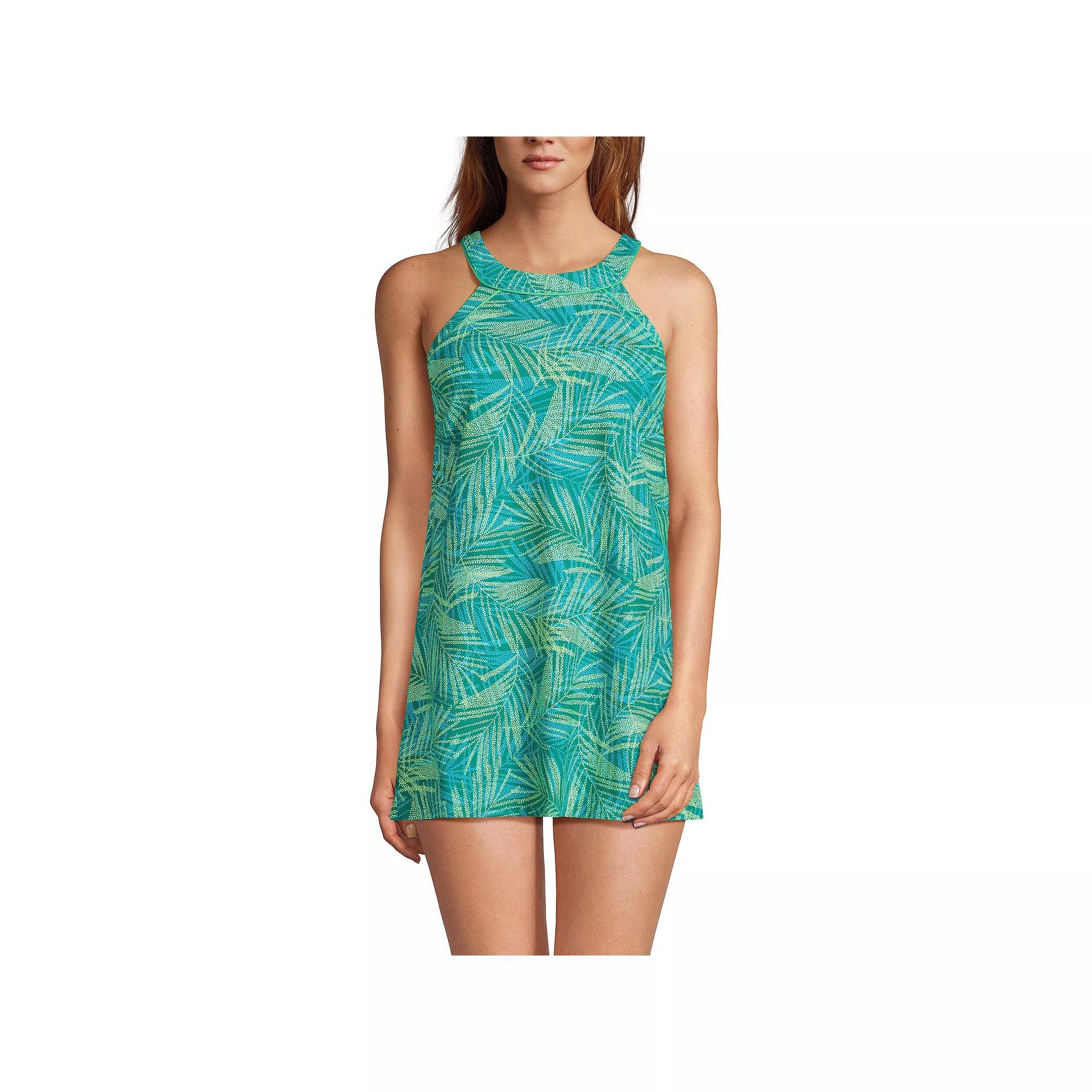 Womens Lands End UPF 50 High Neck One-Piece Swim Dress Blue Team Stripe Product Image