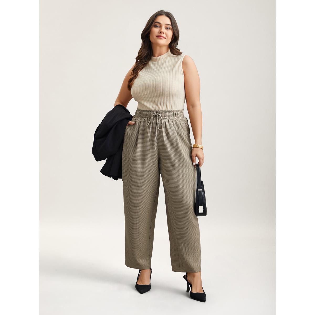 Plus Size Houndstooth Print Drawstring Waist Pants Women LightBrown Work From Home Straight Leg Mid Rise Work Pants BloomChic 18-20/2X Product Image