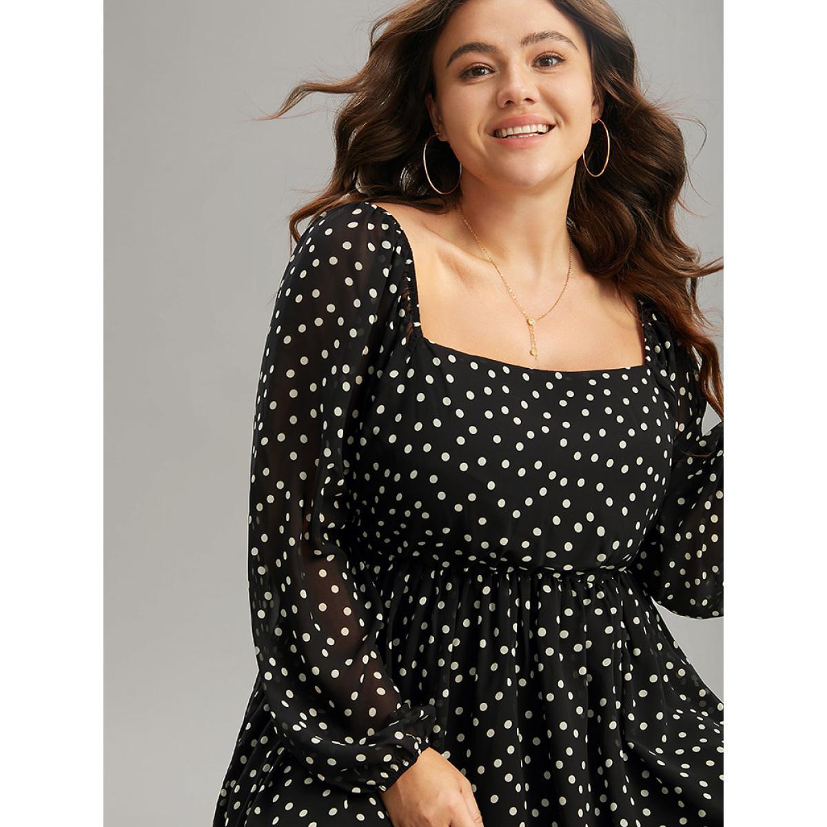 Plus Size Polka Dot Square Neck Gathered Lantern Sleeve Dress Black Women Casual Elastic cuffs Square Neck Long Sleeve Curvy Midi Dress BloomChic 30/6X Product Image
