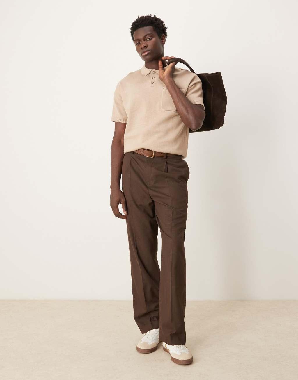 ASOS DESIGN relaxed boxy knit midweight cotton polo with chest pocket in stone Product Image
