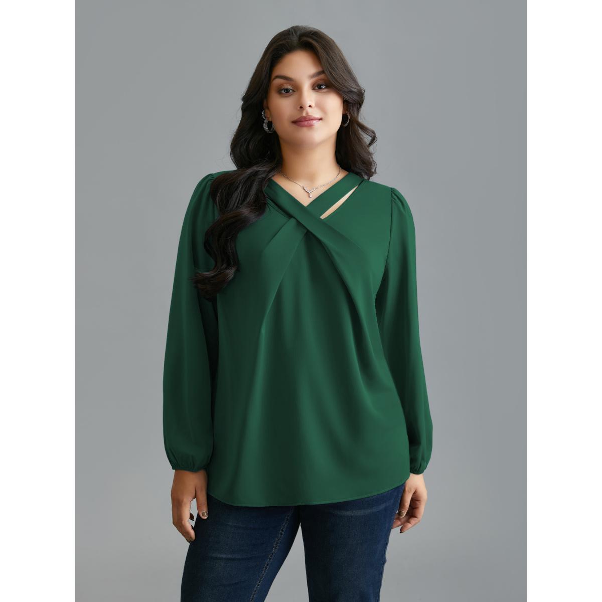 Plus Size DarkGreen Criss Cross Neckline Puff Sleeve Gathered Blouse Women Elegant Long Sleeve Asymmetrical Neck Everyday Blouses BloomChic 10/M Product Image