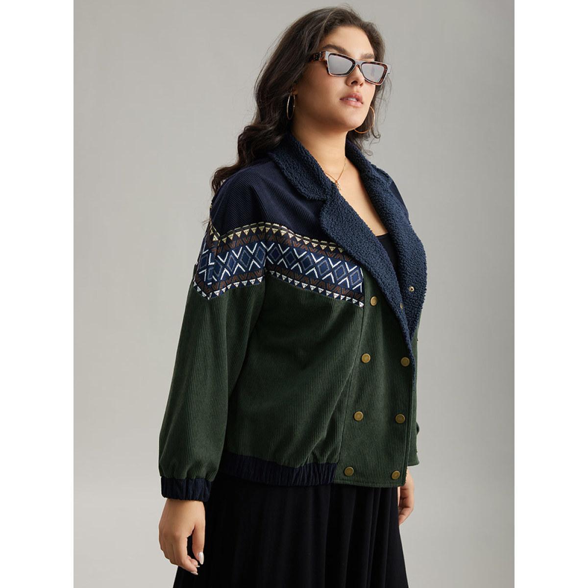 Plus Size Lapel Collar Geometric Patchwork Jacket Women ArmyGreen Elastic cuffs Dailywear Jackets BloomChic 22-24/3X Product Image