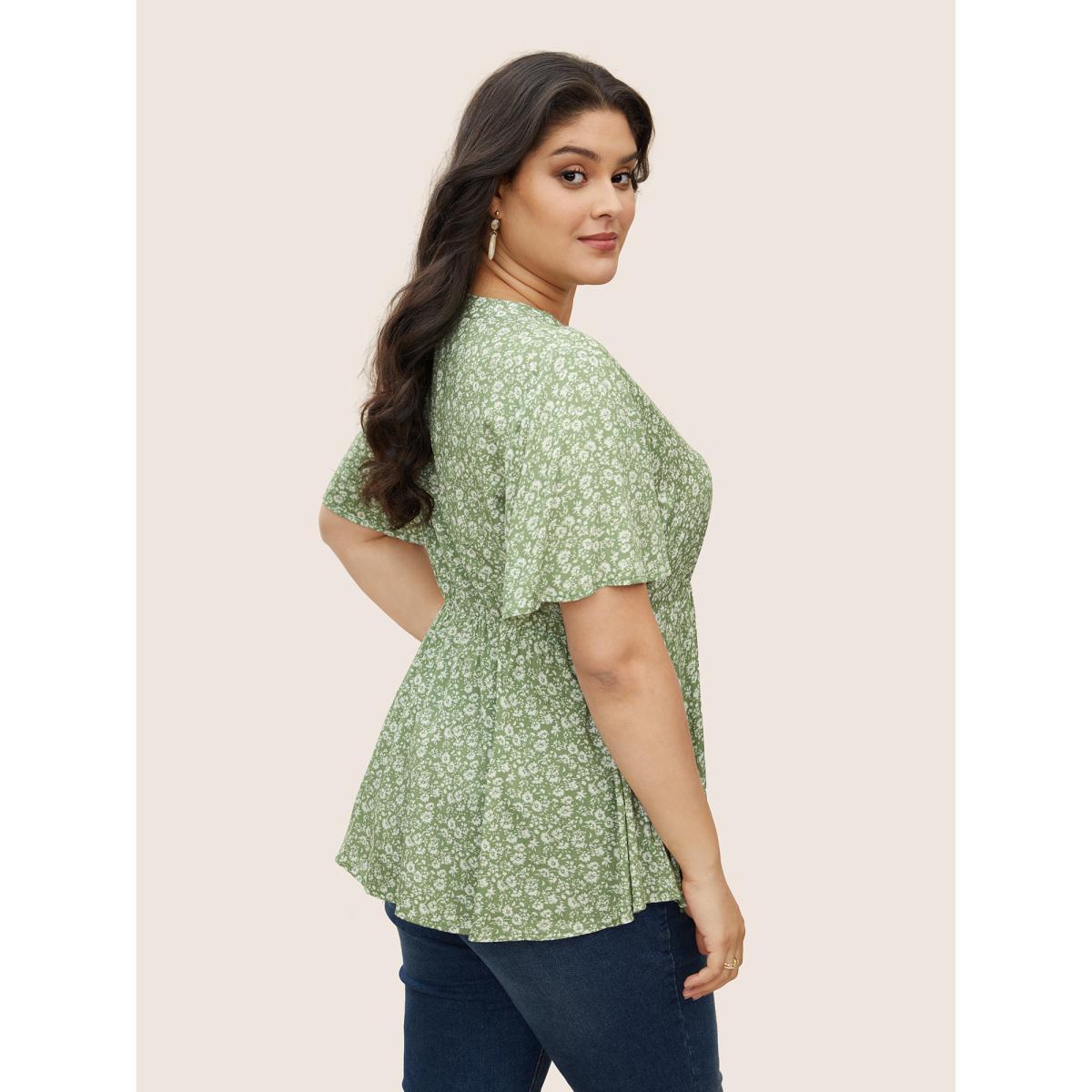 Plus Size Mint Ditsy Floral Notched Button Detail Blouse Women Elegant Short sleeve V-neck Everyday Blouses BloomChic 12/L Product Image