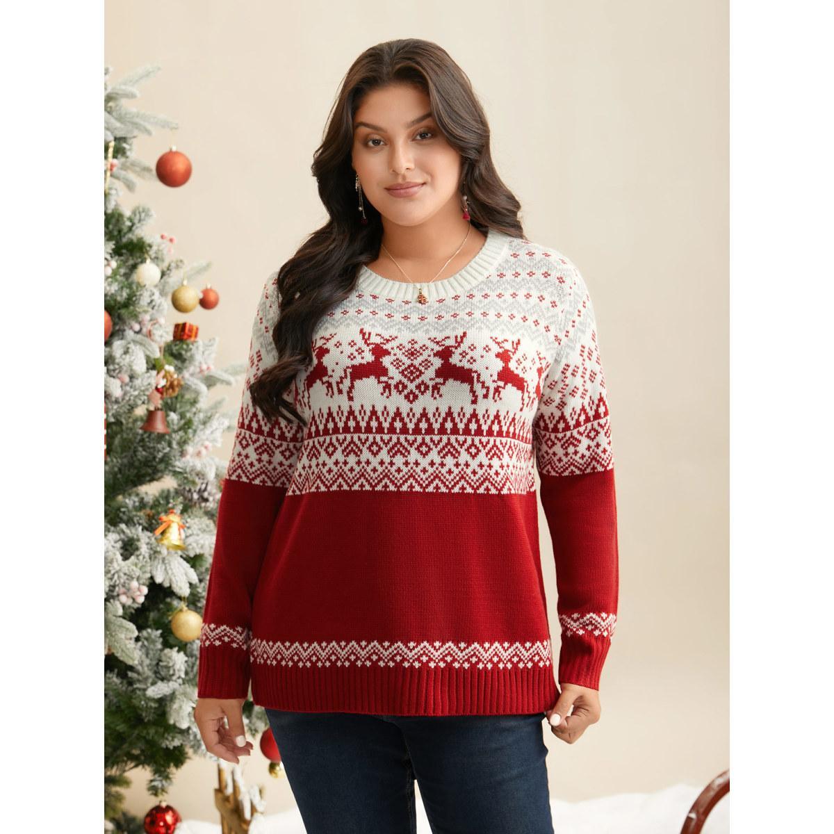 Plus Size Supersoft Essentials Reindeer Print Round Neck Pullover Scarlet Women Elegant Loose Long Sleeve Round Neck Everyday Pullovers BloomChic 22-24/3X Product Image
