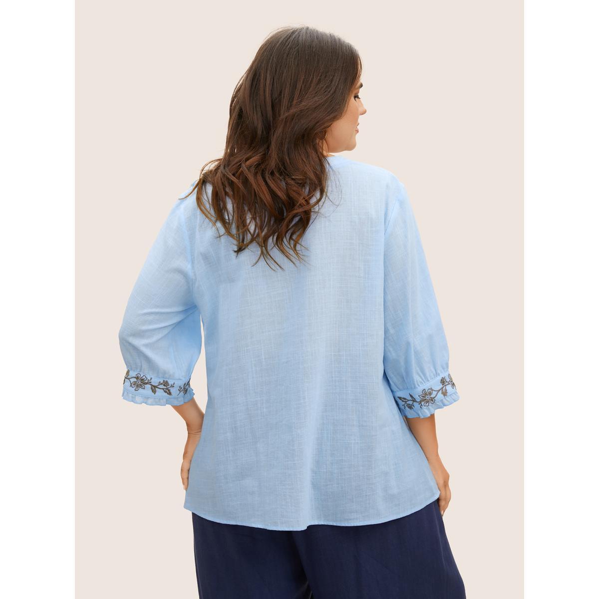 Plus Size LightBlue Cotton Floral Embroidered Notched Collar Frill Trim Blouse Women Casual Elbow-length sleeve Stand-up collar Everyday Blouses BloomChic 30/6X Product Image