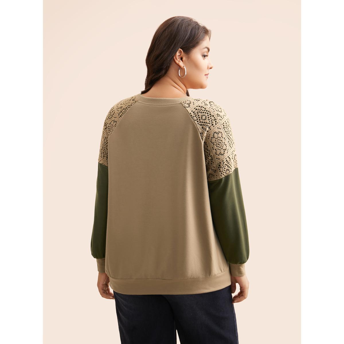 Plus Size Lace Patchwork Contrast Raglan Sleeve Sweatshirt Women Tan Casual Contrast Round Neck Everyday Sweatshirts BloomChic 18-20/2X Product Image