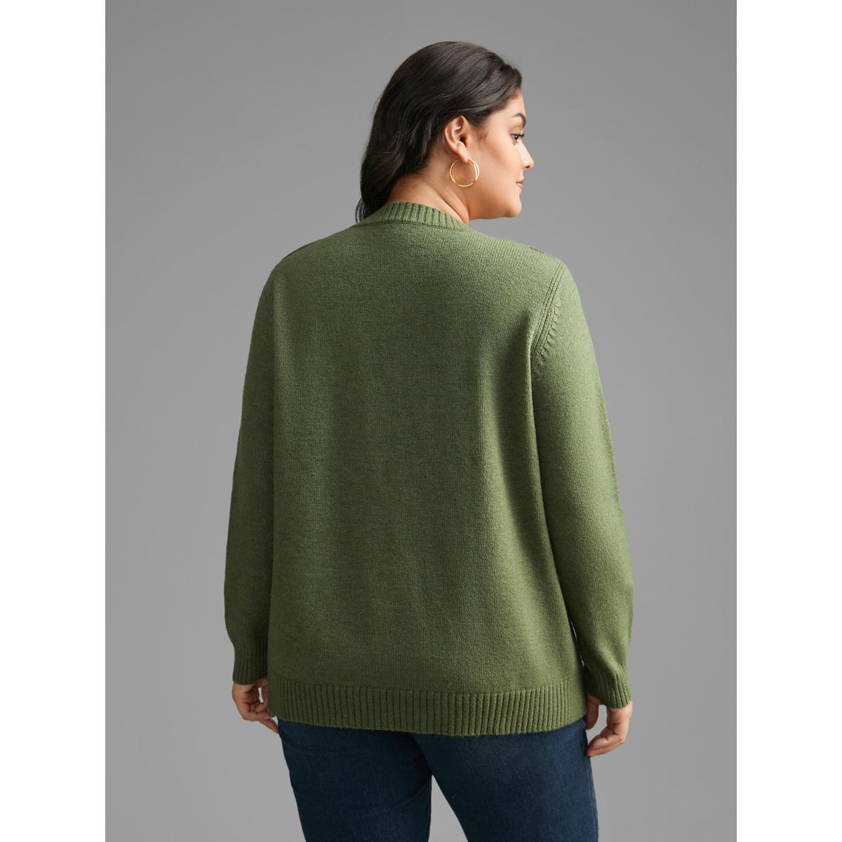 Plus Size Plain Round Neck Patched Pocket Pullover Moss Women Casual Loose Long Sleeve Round Neck Everyday Pullovers BloomChic 12/L Product Image