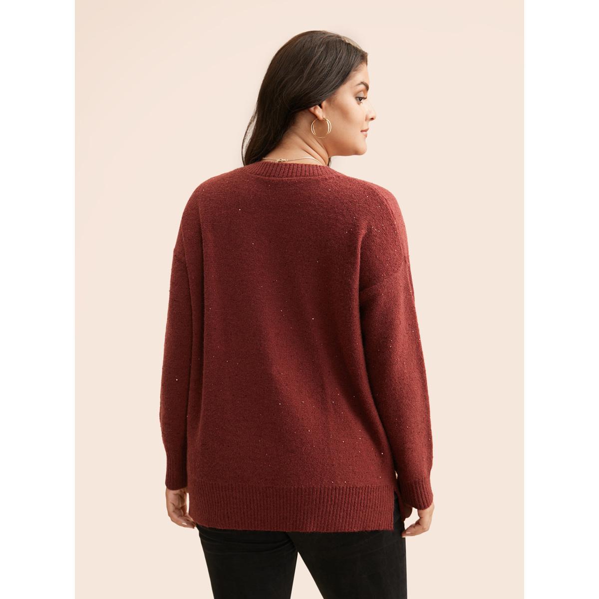 Plus Size V Neck Glitter Dropped Shoulder Split Hem Pullover Deepred Women Casual Loose Long Sleeve V-neck Everyday Pullovers BloomChic 28/5X Product Image
