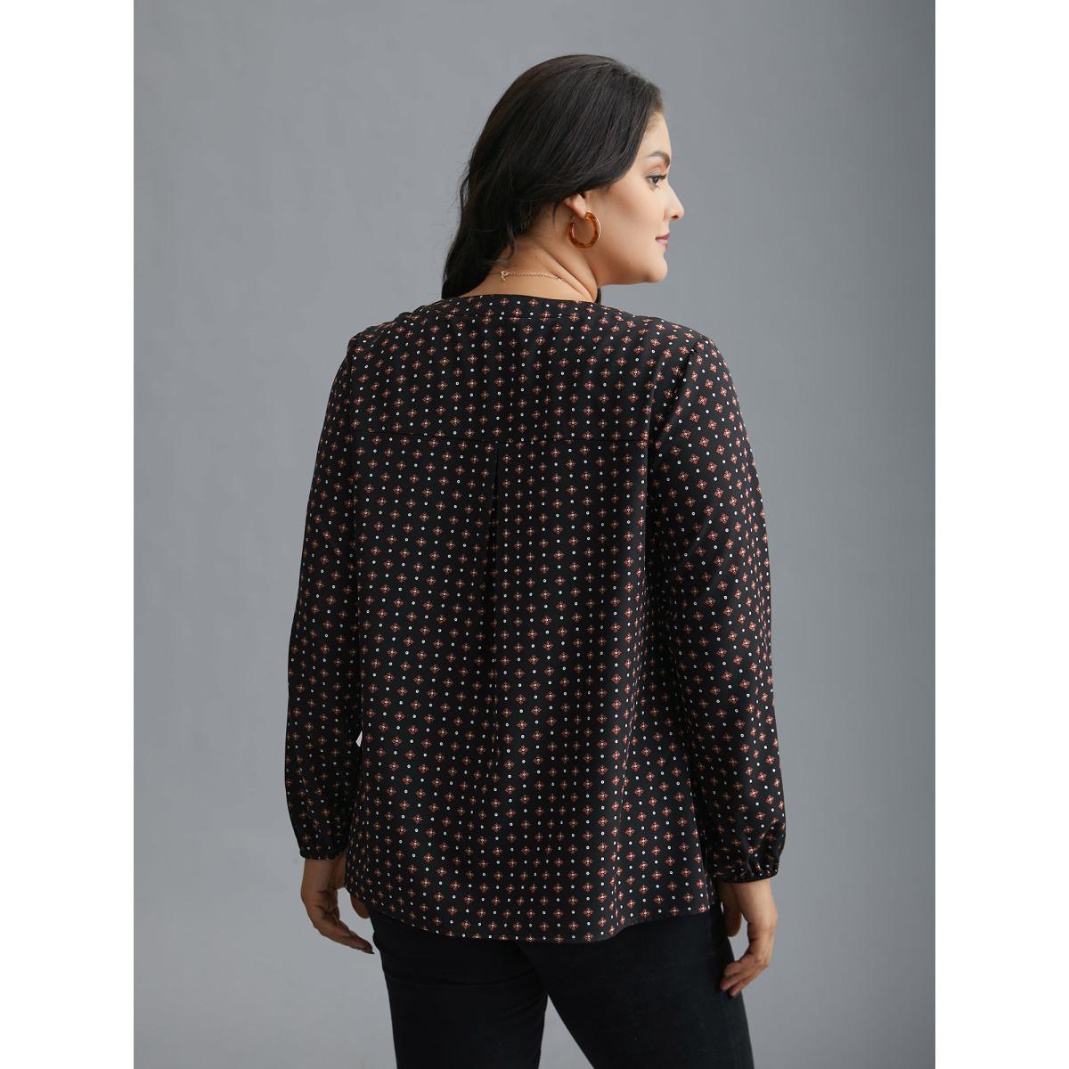 Plus Size Black Notched Geometric Button Up Blouse Women At the Office Extra Long Sleeve Notched collar Work Blouses BloomChic 28/5X Product Image