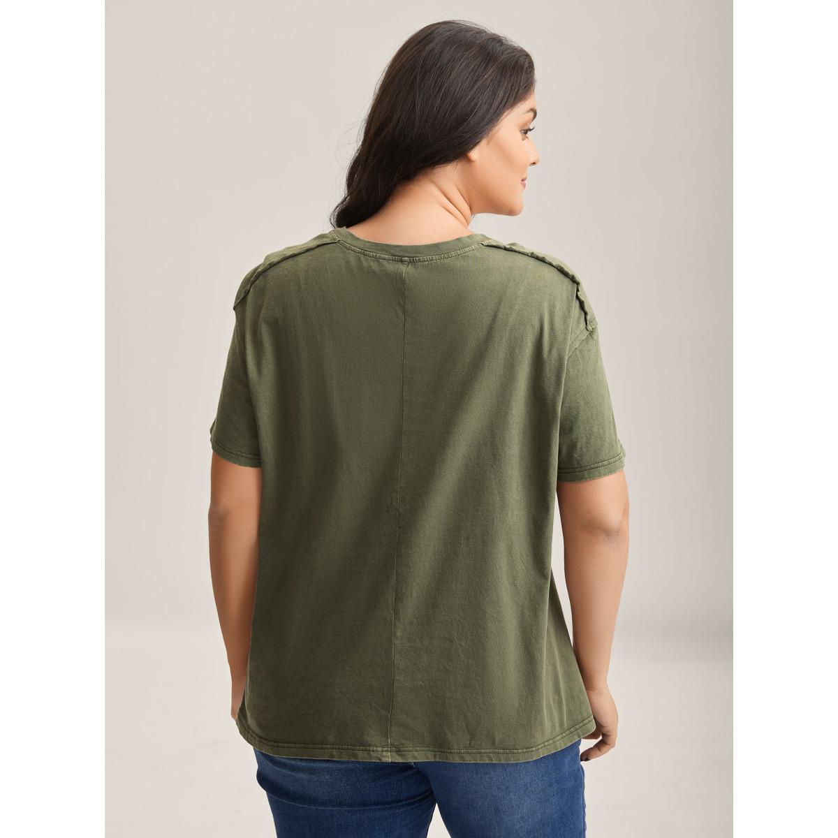 Plus Size Cotton Vintage Frayed Hem Crew Neck T-Shirt ArmyGreen Women Tucked seam Round Neck Everyday-Casual T-shirts BloomChic 18-20/2X Product Image