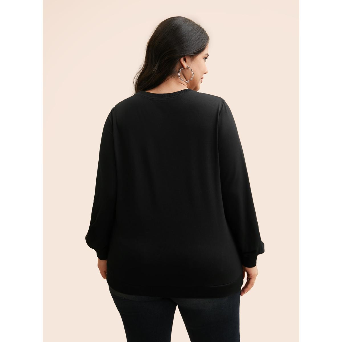 Plus Size Star Rhinestone Slightly Stretchy Sweatshirt Women Black Casual Rhinestone detailing Round Neck Everyday Sweatshirts BloomChic 22-24/3X Product Image