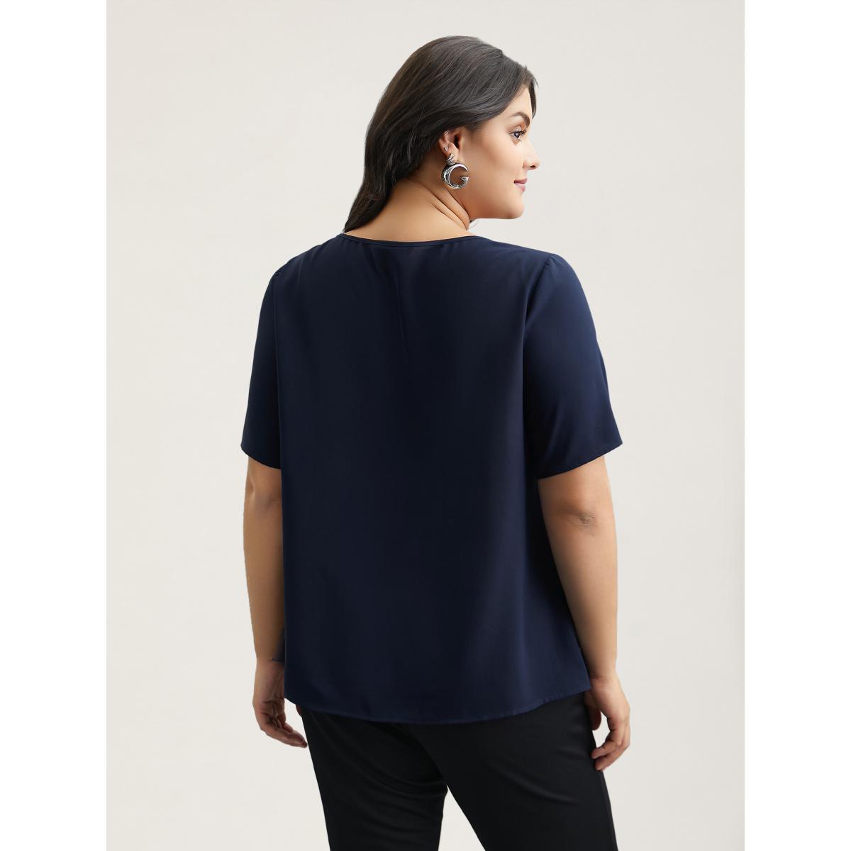 Plus Size Indigo Neck Cut-Out Color Contrast Shirt Women At the Office Short sleeve Round Neck Work Blouses BloomChic 28/5X Product Image