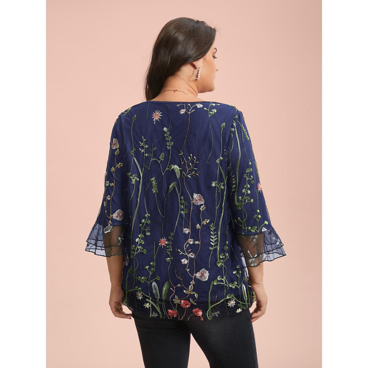 Plus Size Indigo Embroidered Mesh Lotus Leaf Sleeve Blouse Women Elegant Elbow-length sleeve V-neck Everyday Blouses BloomChic 14-16/1X Product Image