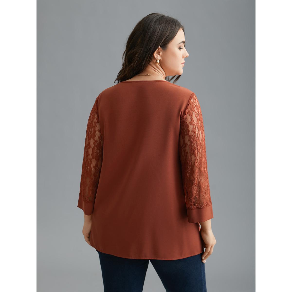 Plus Size Rust Sheer Lace Sleeve Open-Front Design Blouse Women Elegant Elbow-length sleeve Round Neck Everyday Blouses BloomChic 28/5X Product Image