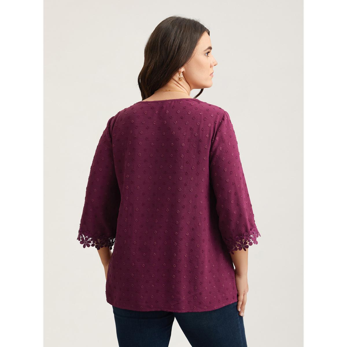 Plus Size Deeppurplered Textured Color-Block Lace Detail Shirt Women Elegant Elbow-length sleeve V-neck Everyday Blouses BloomChic 12/L Product Image