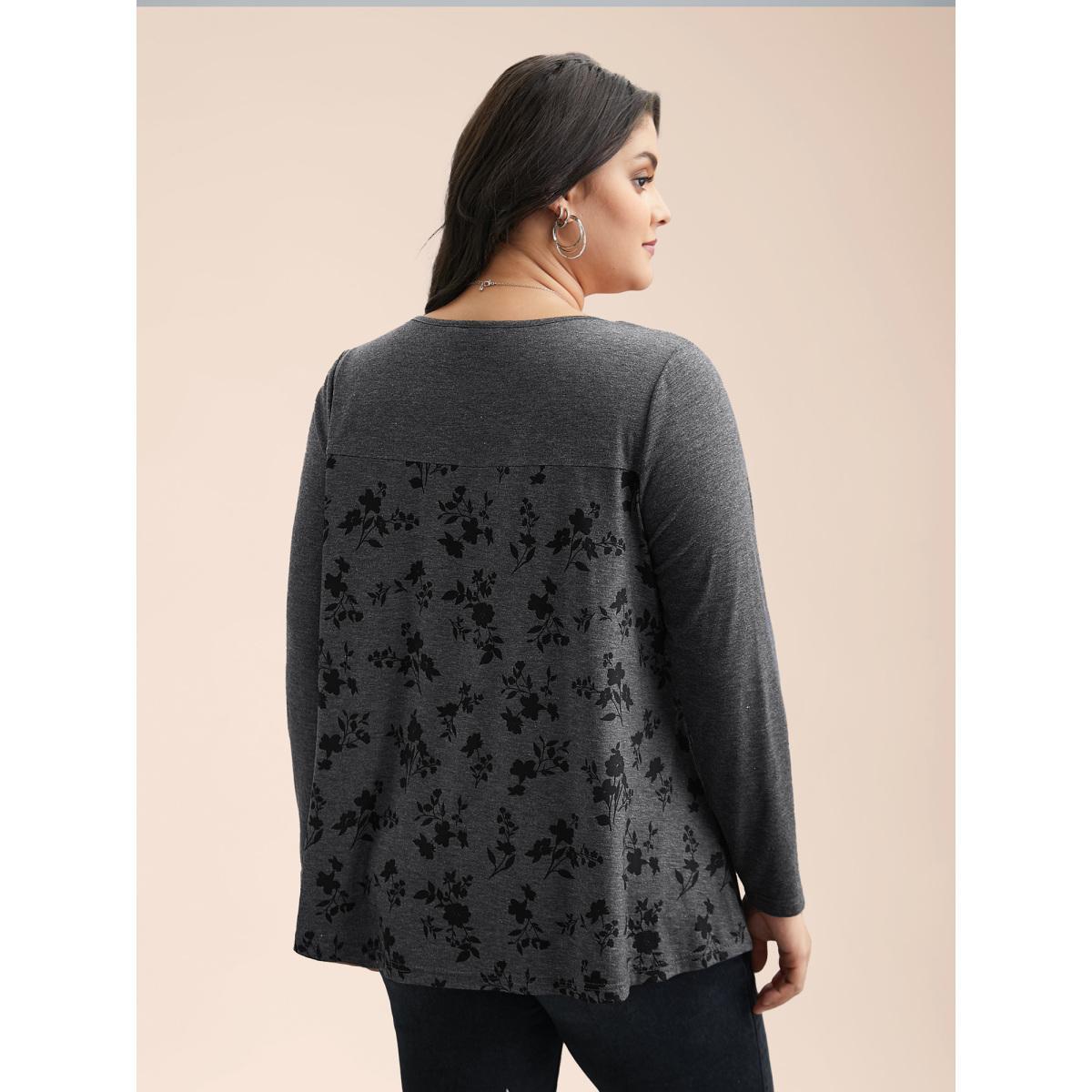 Plus Size Floral Spliced Heart Neckline Gathered T-Shirt DimGray Women Casual Gathered Heart neckline Everyday T-shirts BloomChic 14-16/1X Product Image